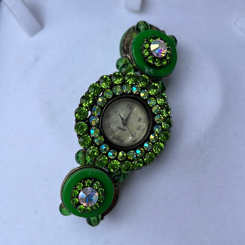 Green Rhinestoned Watch by Platinum/ Green Rhinestoned Jewelry